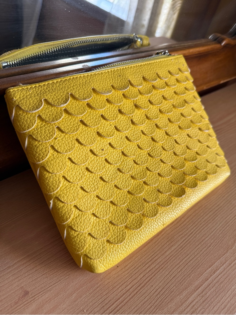 Yellow Textured Leather Wristlet Clutch